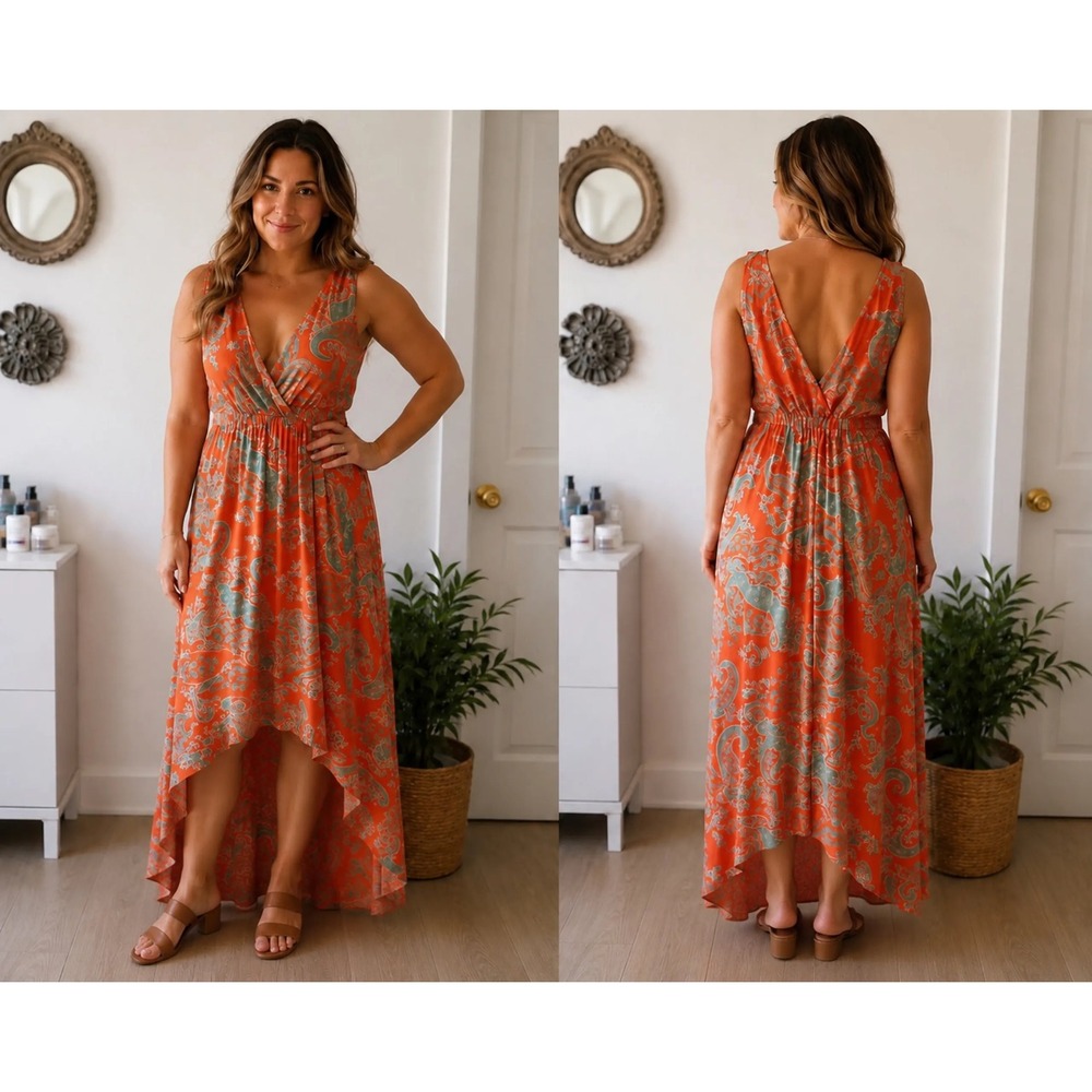 Kut from the Kloth Orange Paisley High Low Maxi Dress XL Sleeveless V-Neck